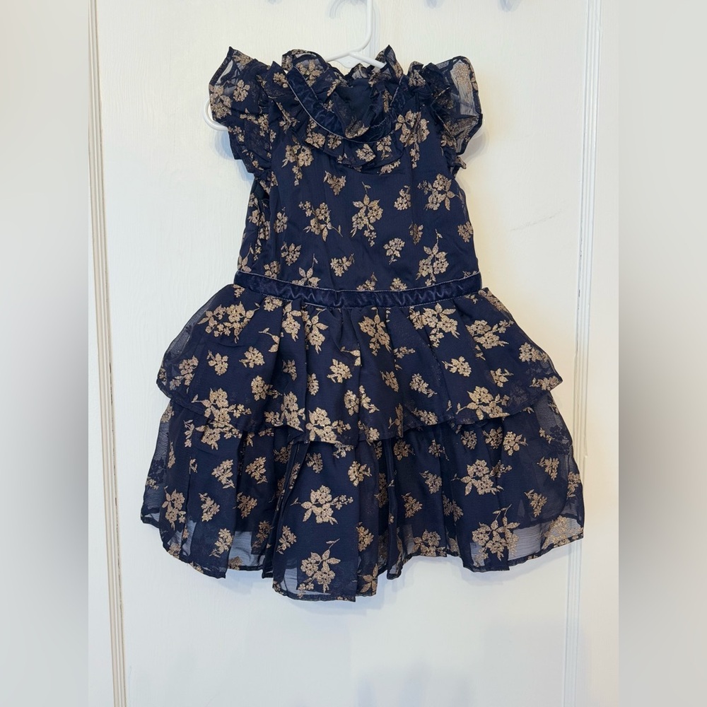Janie and Jack GLITTER FLORAL CHIFFON DRESS Dark Marine Glitter Floral NWT 3